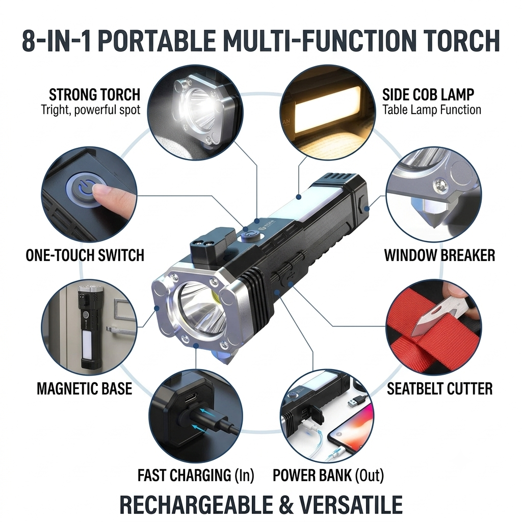 8 in 1 Portable Rechargeable Torch LED Flashlight